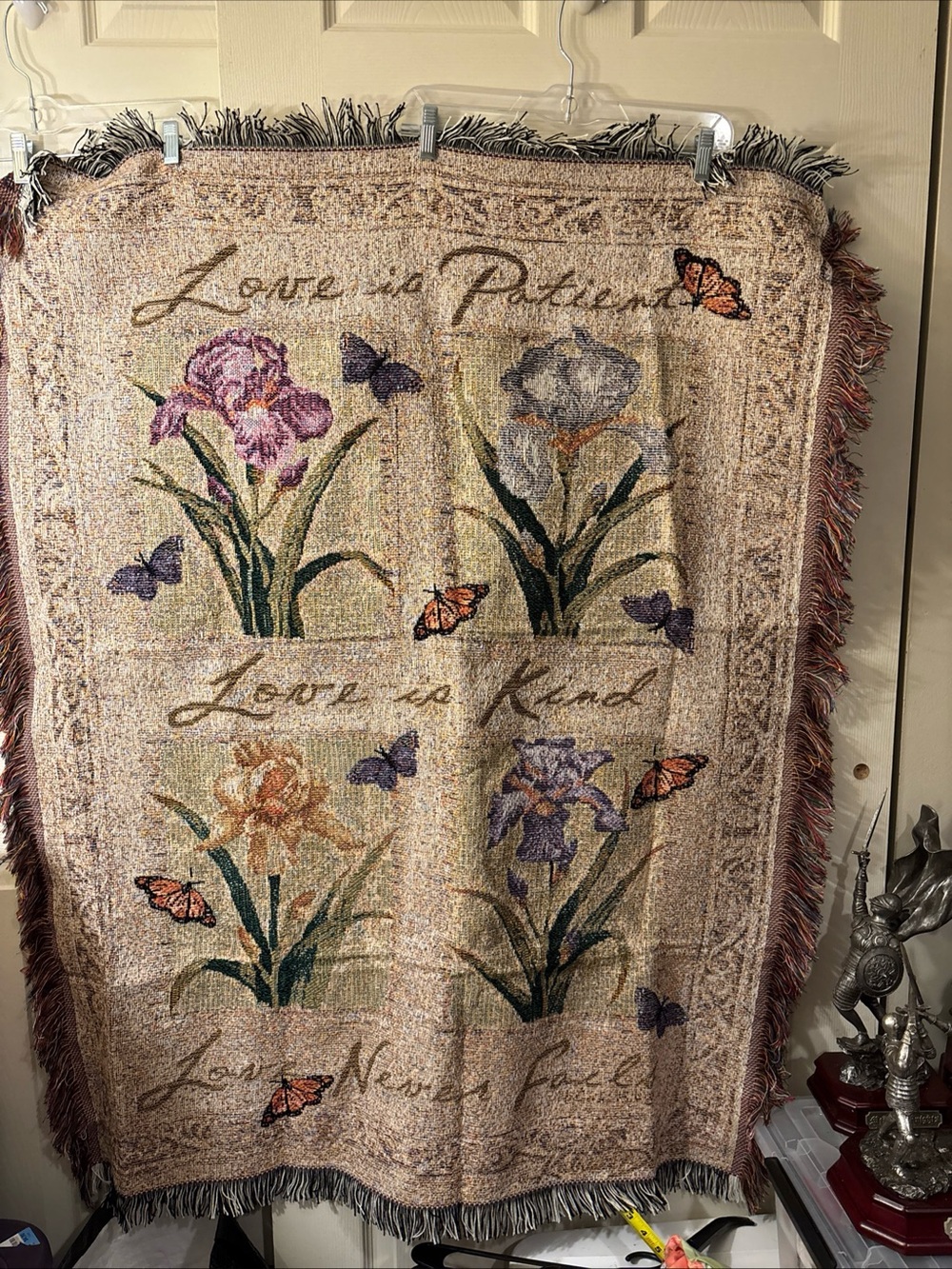 Decorative Floral Tapestry Throw - Love Is Patient Design in Beige and Purple